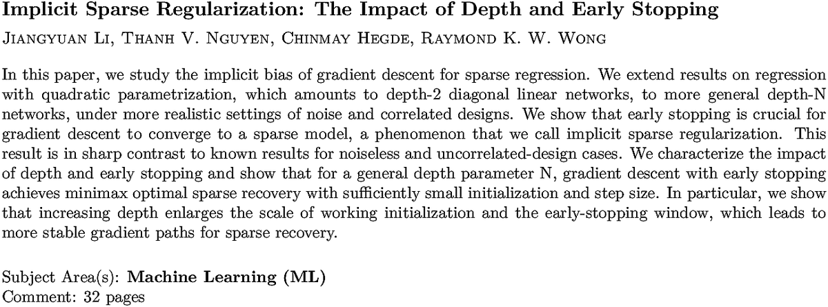 arxiv.org/abs/2108.05574…
J Li et. al.
Implicit Sparse Regularization: The Impact of Depth and Early Stopping