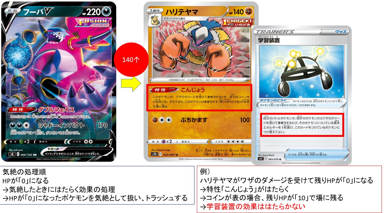 ポケカ通信 ポケカルール 情報発信 間違えやすいポケカルール 気絶の処理順は 残p0のポケモンがいる 気絶時にはたらく効果の処理 気絶として扱い トラッシュする 例 学習装置をつけたハリテヤマが気絶したとき 特性 こんじょう でコインが
