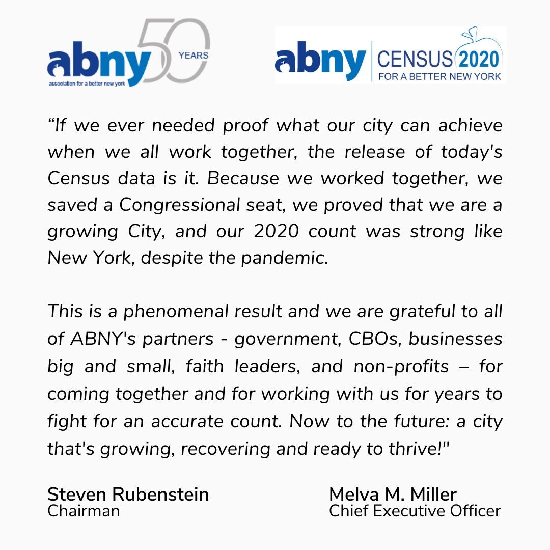 ABetterNY's tweet photo. Statement from the Association for a Better New York (ABNY) Chair Steven Rubenstein and Chief Executive Officer @melvammillernyc on the release of today's Census data: 
(1/2, cont.) https://t.co/NtXkxiwRZJ
