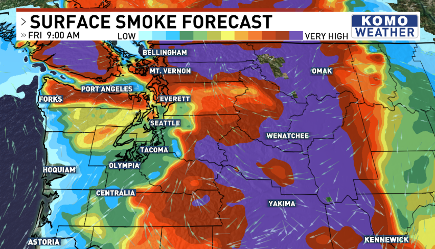 ShannonODKOMO's tweet photo. That thick August 💨 smoke? It will get THICKER over the next 24 hours. Look at how it intensifies from Bellingham to Olympia into Friday. Air quality will plummet further before our ocean A.C. blows in to slowly clean things up &amp; cool things down on Saturday. #WAwx https://t.co/fslaNSv6f8