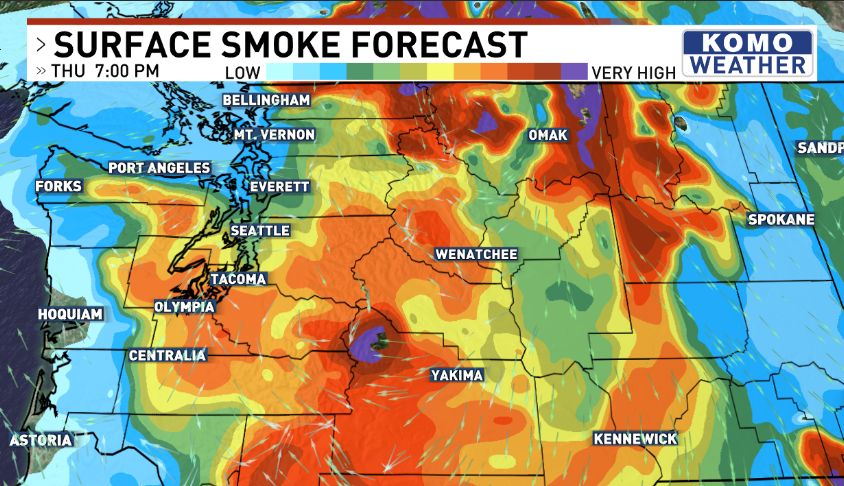 ShannonODKOMO's tweet photo. That thick August 💨 smoke? It will get THICKER over the next 24 hours. Look at how it intensifies from Bellingham to Olympia into Friday. Air quality will plummet further before our ocean A.C. blows in to slowly clean things up &amp; cool things down on Saturday. #WAwx https://t.co/fslaNSv6f8