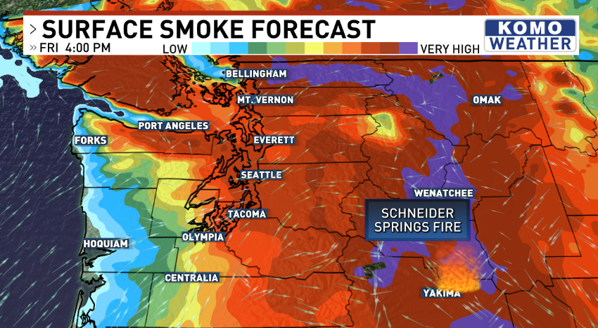 ShannonODKOMO's tweet photo. That thick August 💨 smoke? It will get THICKER over the next 24 hours. Look at how it intensifies from Bellingham to Olympia into Friday. Air quality will plummet further before our ocean A.C. blows in to slowly clean things up &amp; cool things down on Saturday. #WAwx https://t.co/fslaNSv6f8