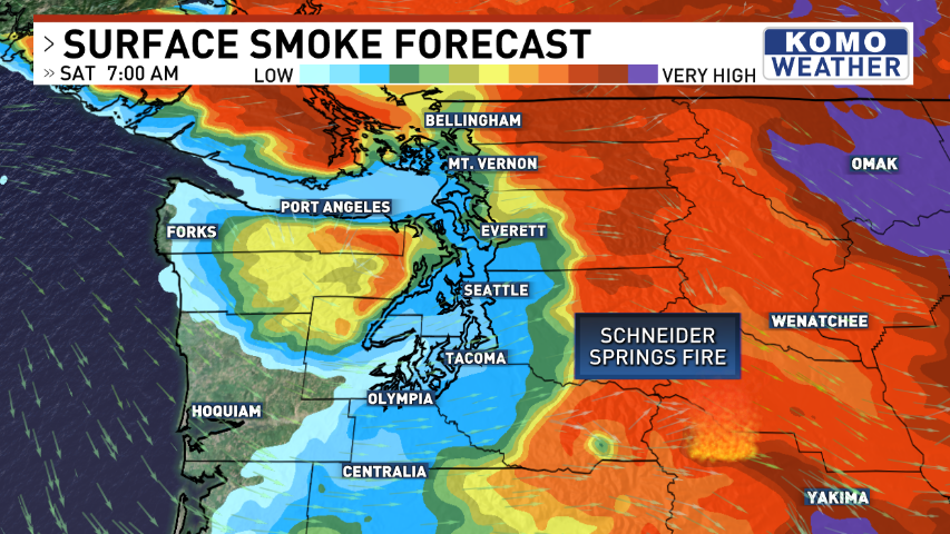 ShannonODKOMO's tweet photo. That thick August 💨 smoke? It will get THICKER over the next 24 hours. Look at how it intensifies from Bellingham to Olympia into Friday. Air quality will plummet further before our ocean A.C. blows in to slowly clean things up &amp; cool things down on Saturday. #WAwx https://t.co/fslaNSv6f8