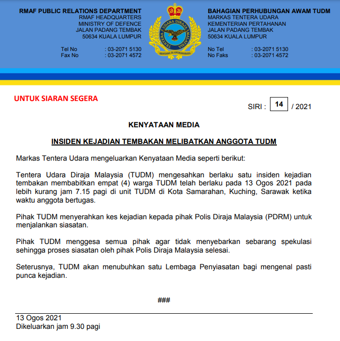 Twentytwo13 On Twitter Tudm Rasmi Confirmed That Four Of Its Personnel Were Involved In A Shooting Incident At Its Camp In Kota Samarahan Kuching This Morning Https T Co L1va4swjrw Twitter