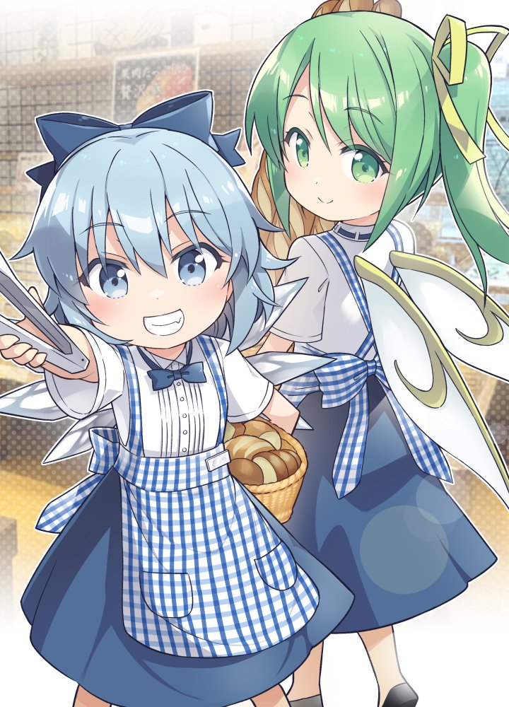 cirno ,daiyousei multiple girls 2girls blue hair blue bow wings blue eyes smile  illustration images