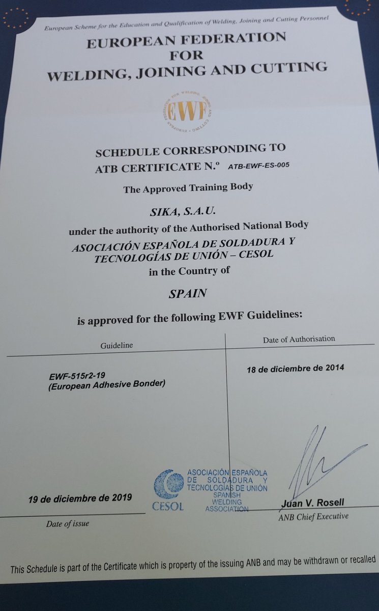 SikaSpain's tweet photo. #SikaKnowHow #Formación #Adhesivos #Bonder 

Sika España está certificada como centro de formación reglado para la obtención de la titulación “APLICADOR EUROPEO DE ADHESIVOS” ("Bonder"). 

Somos la única empresa fabricante de adhesivos en España que tiene esta acreditación. https://t.co/dj1qpaCcyY