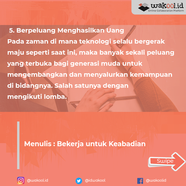 IdWakool's tweet photo. Dalam setiap segi kehidupan manusia, menulis memang salah satu skill yang amat dibutuhkan. Bahkan dalam beberapa aspek. Menulis adalah suatu pekerjaan penuh cinta. Orang yang benar-benar mencintai .(Part 2)
#wakool #wakooldotid #menulis #skill #kehidupan #manusia #aspek #profesi https://t.co/tOV5EhAn9W
