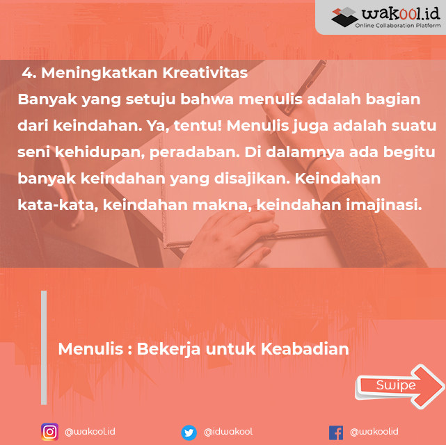 IdWakool's tweet photo. Dalam setiap segi kehidupan manusia, menulis memang salah satu skill yang amat dibutuhkan. Bahkan dalam beberapa aspek. Menulis adalah suatu pekerjaan penuh cinta. Orang yang benar-benar mencintai .(Part 2)
#wakool #wakooldotid #menulis #skill #kehidupan #manusia #aspek #profesi https://t.co/tOV5EhAn9W