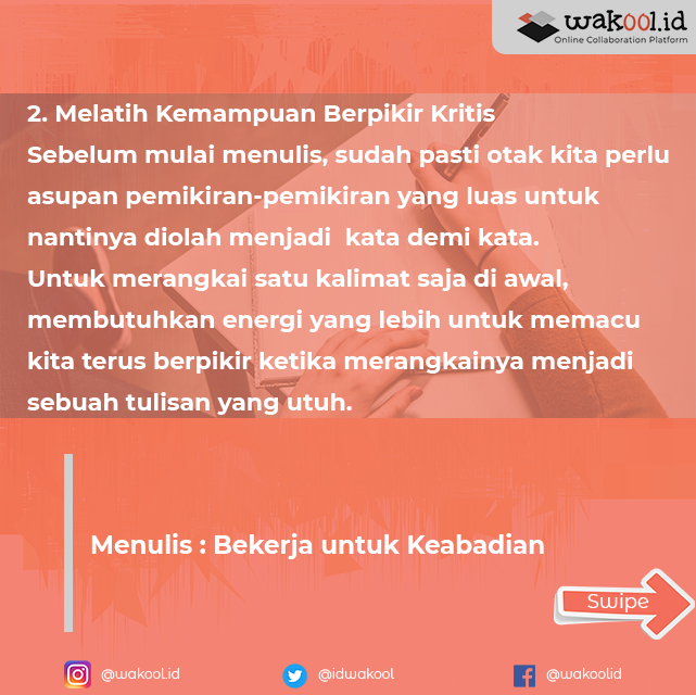 IdWakool's tweet photo. Dalam setiap segi kehidupan manusia, menulis memang salah satu skill yang amat dibutuhkan. Bahkan dalam beberapa aspek. Menulis adalah suatu pekerjaan penuh cinta. Orang yang benar-benar mencintai .(Part 1)
#wakool #wakooldotid #menulis #skill #kehidupan #manusia #aspek #profesi https://t.co/YIRkkXAlZf