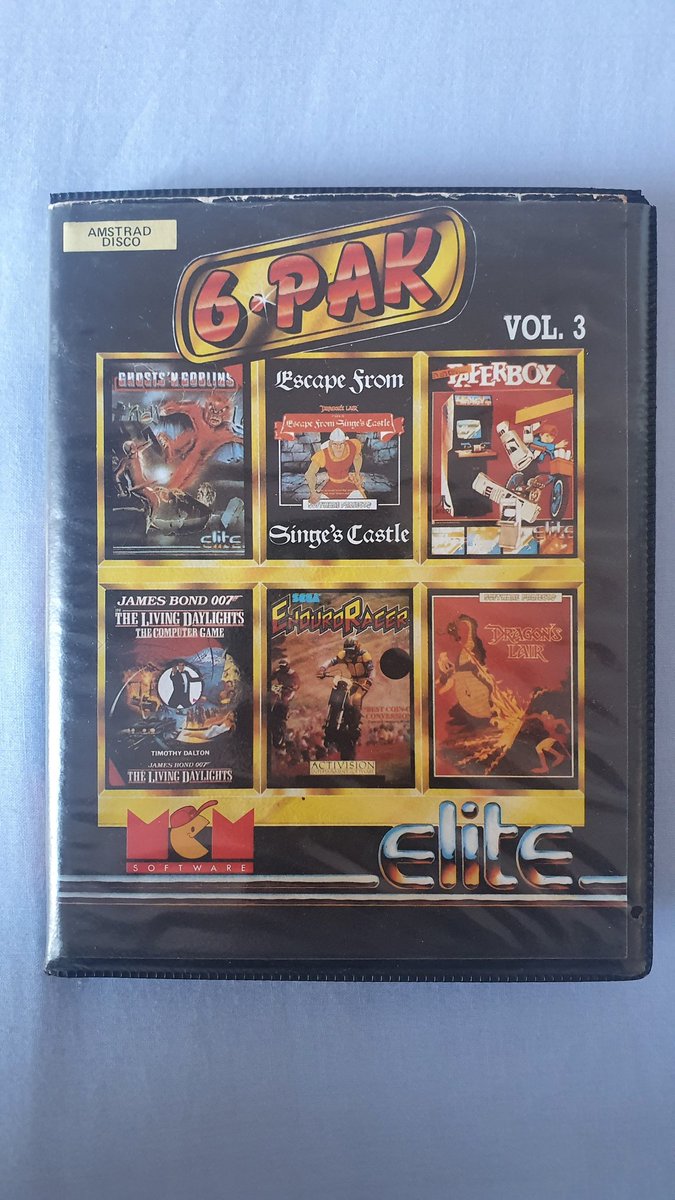 SpritePixel's tweet photo. Otro gran pack que recuerdo con ilusión. 6 juegazos, con perlas como ghost'n goblins, dragon's lair, paternos, etc. Una época dorada de los videojuegos. #amstrad #gamers #retrogame #nostalgic #gamer https://t.co/w5Ty9UyLtB