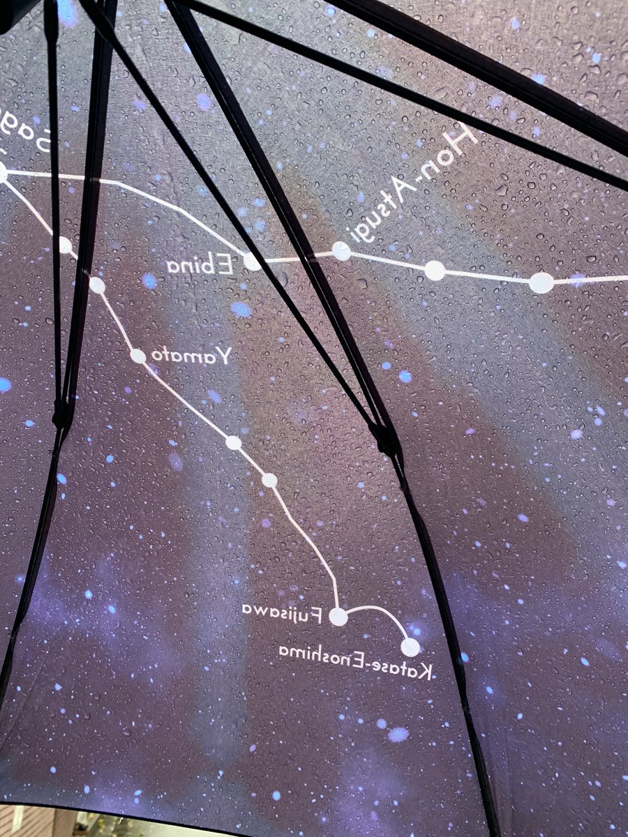 murasagi_janai's tweet photo. 駅で借りたレンタル傘、星空バックに星座でも描いてあるのかなって思ってよく見たら小田急線でウケた https://t.co/OHa84XJnGE