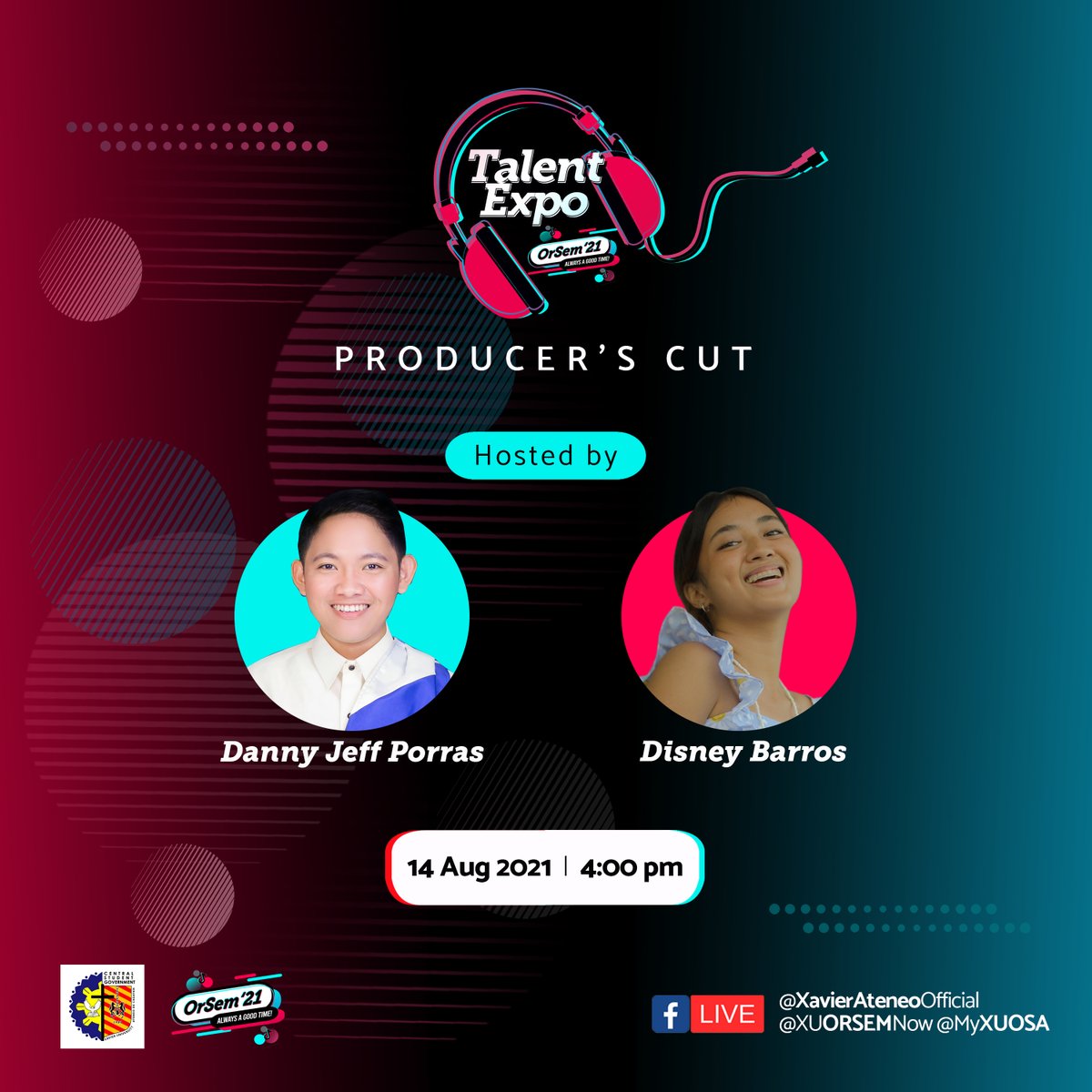 XUORSEMNow's tweet photo. Our performers are back for more inspiration and “feel-good” vibe this season.

Always A Good Time! ORSEM 2021 Talent Expo (Producer’s Cut)
Streaming this 14 August 2021 at 5:00 PM. 

Hosted by: Danny Jeff Porras and Disney Barros 

#ORSEMAlwaysAGoodTime #XavierAteneo https://t.co/YOMCzH4Bjv