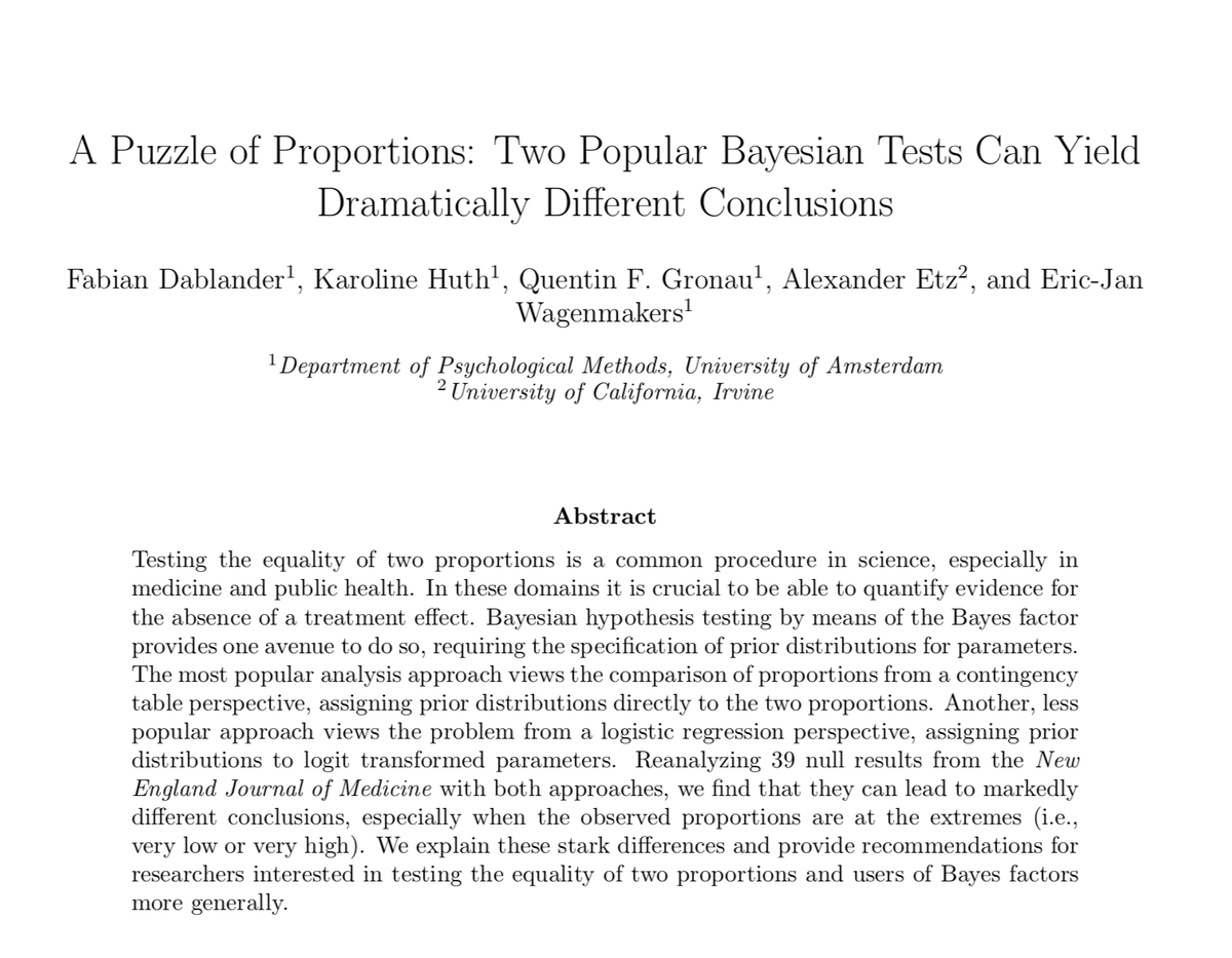 Are you into puzzles? Then you might enjoy our new preprint!

We compare two Bayesian tests for the equality of two proportions and find that they can yield dramatically different conclusions 🧵

Link: arxiv.org/abs/2108.04909
<a href="/khuth6/">คุณ</a> <a href="/AlxEtz/">Alexander Etz</a> <a href="/EJWagenmakers/">Eric-Jan Wagenmakers</a>