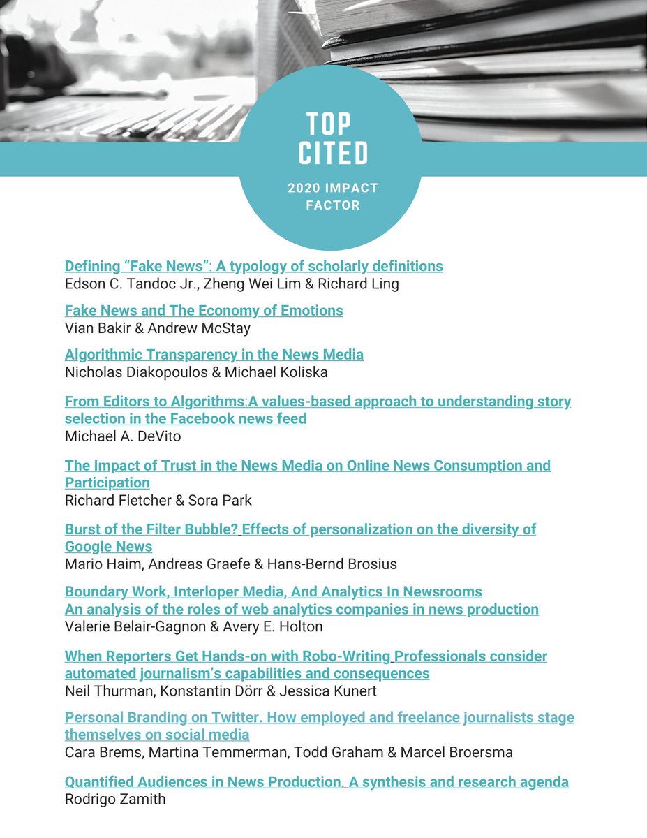djeditorialteam's tweet photo. TOP CITED ARTICLES: Announcing the top cited articles in #DigitalJournalism for 2020 and 2021! Click on this link to find the 2020 articles spanning topics like #fakenews, algorithmic newswork, audience-related research, and #journalist identities: https://t.co/4N3vnbYcOl https://t.co/QtZMUMJP10