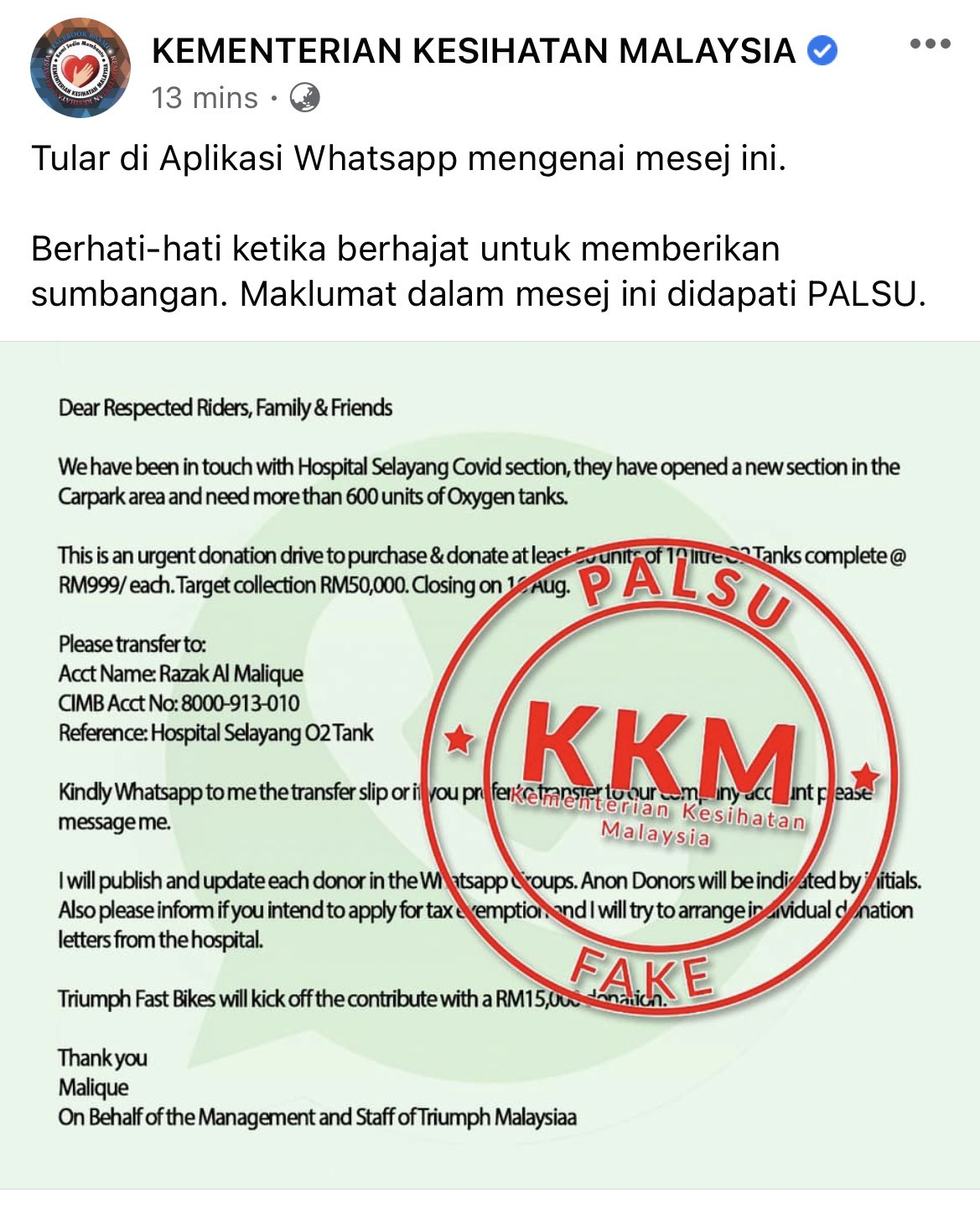 Rafique Muzhaffar On Twitter The Company I Work Triumph Motorcycles Is Running A Donation Drive For Hospitals And Kkm Falsely Claim That Our Donation Is Fake And A Scam We Don T Take