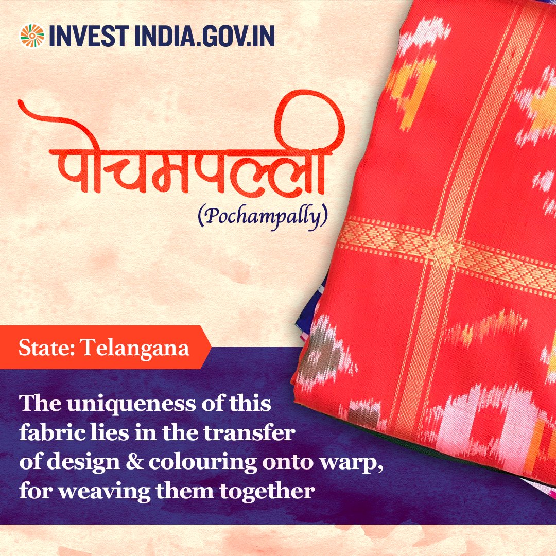 investindia's tweet photo. #LoreOfTheLooms
Pochampally village is among India's iconic saree weaving clusters and is known for producing sarees with traditional geometric patterns & ikat-style dyeing.
Know more: https://t.co/Y1zR022CPV
#HandloomsofIncredibleIndia #MyHandloomMyPride @TexMinIndia https://t.co/GiSpgnNmZk