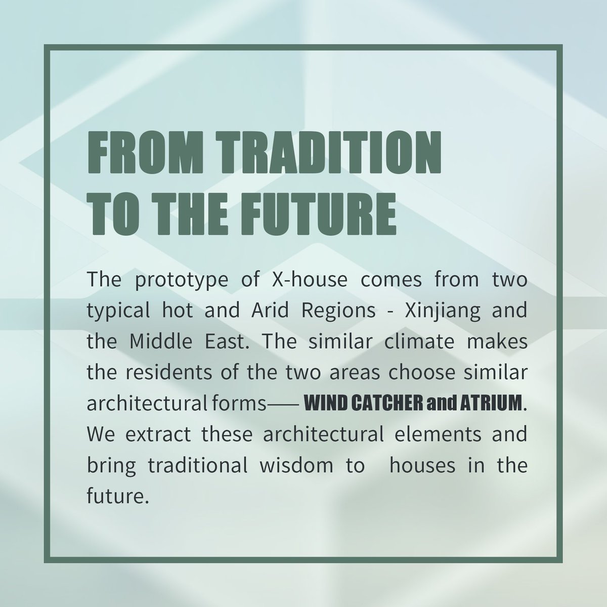 TeamSCUTxCSCEC's tweet image. The prototye of X-house comes from two typical hot and Arid Regions- Xinjiang and the Middle East. The similar climate makes the residents of the two areas choose similar architectural forms-Wind Catcher and Atrium.
#sdme2021 #solarenergy 
@sdmedubai 
@dewaofficial