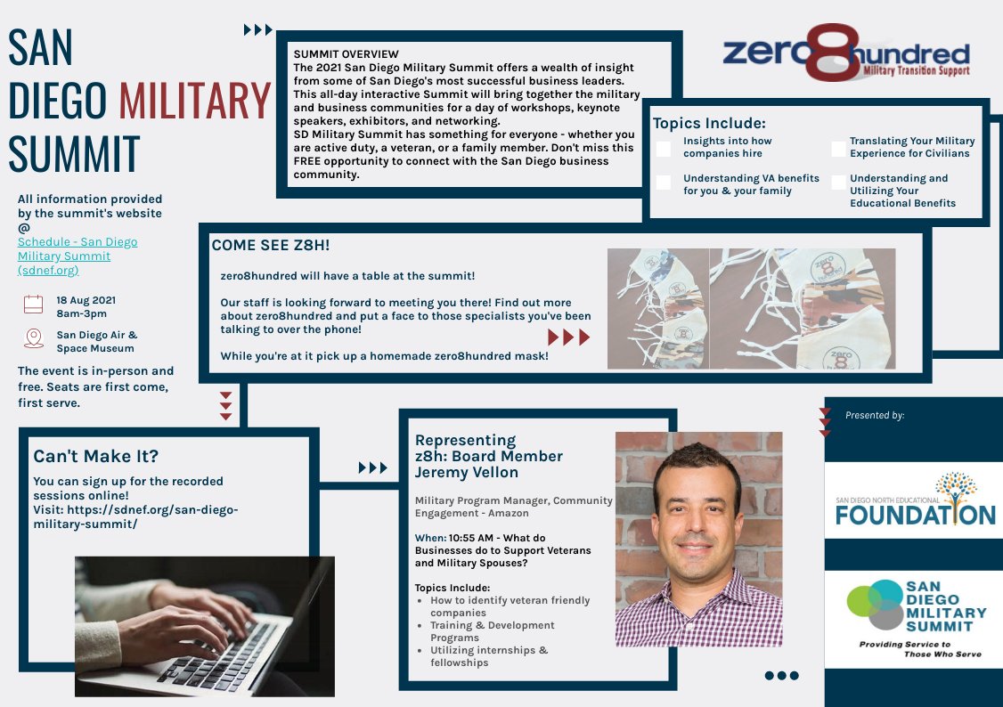 zero8hundred's tweet image. Are you ready to see us at the San Diego Military Summit? Here is some event information for you and what you can expect! Forgot to sign-up? Get your name on the waitlist here!
buff.ly/3CCTRkZ
#sandiegomilitary #militarytransition #militaryspouse #transitionsupport