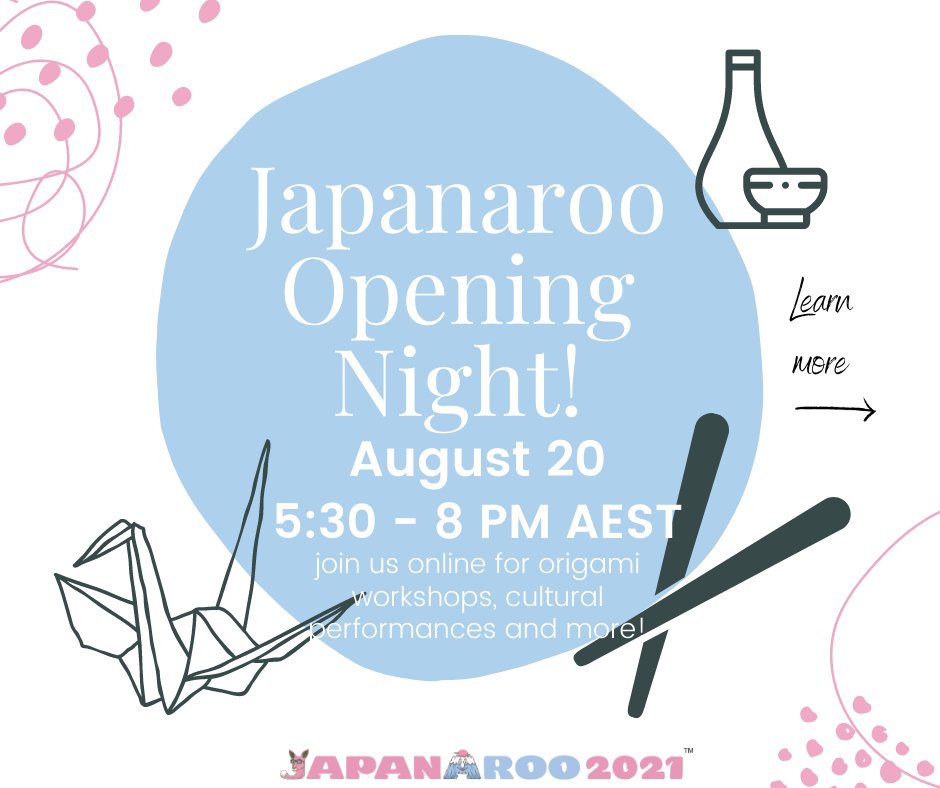CGJapanSydney's tweet photo. Japanaroo Opening Night will be held virtually on Friday, 20 August. We will enjoy an Origami workshop, Food and Sake talks, Japanese cultural performances, a Paralympics presentation, Japanaroo artist talks, and a chance to win special prizes! https://t.co/a1vszVyol7 https://t.co/mWwjSUk5d6