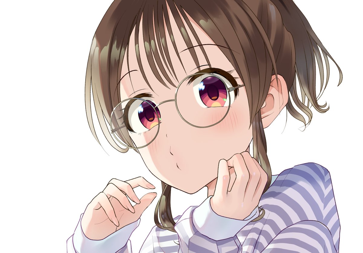 1girl solo glasses white background brown hair simple background looking at viewer  illustration images