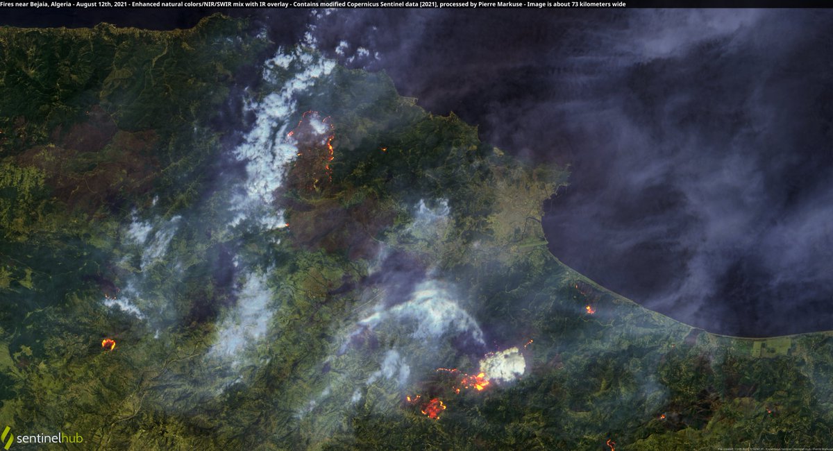 🟠 #Fires🔥 near #Bejaia, #Algeria🇩🇿 12 August 2021 #Copernicus🇪🇺 #Sentinel-2🛰️ Full-size ➡️ flic.kr/p/2mgULYD + flic.kr/p/2mgSbYC #Remotesensing #OpenData #scicomm #Algerie #AlgeriaIsBurning #AlgeriaWildfires #algeria_forest_fires