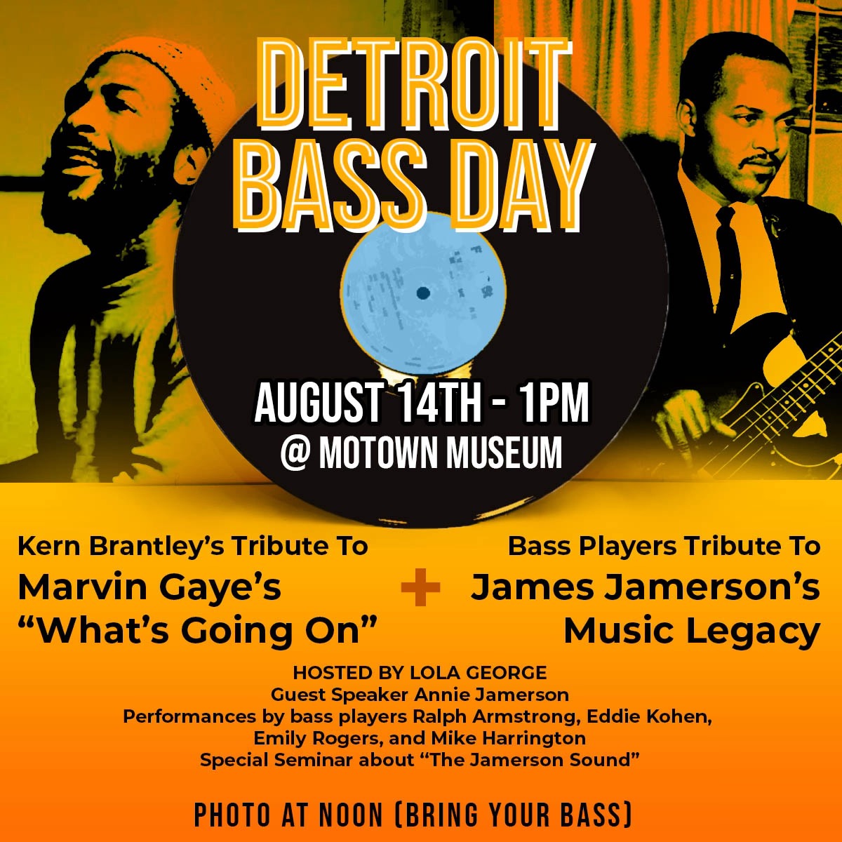 Check it out. Saturday August 14th @ 1pm Detroit Bass Day🎸🎸🎸🎸🎸#jamesjamerson #thehook #thefunkbrothers #legend #goat #fenderbass #precisionbass #motownmusic #basslife #bassplayer #labellastrings #detroitmusic