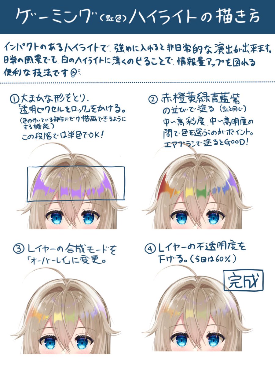 青江羽衣 うい 髪のハイライトを虹色で表現する ゲーミングハイライト の描き方をまとめてみました イラスト 描き方 メイキング T Co Xxpy1bk6e8 Twitter