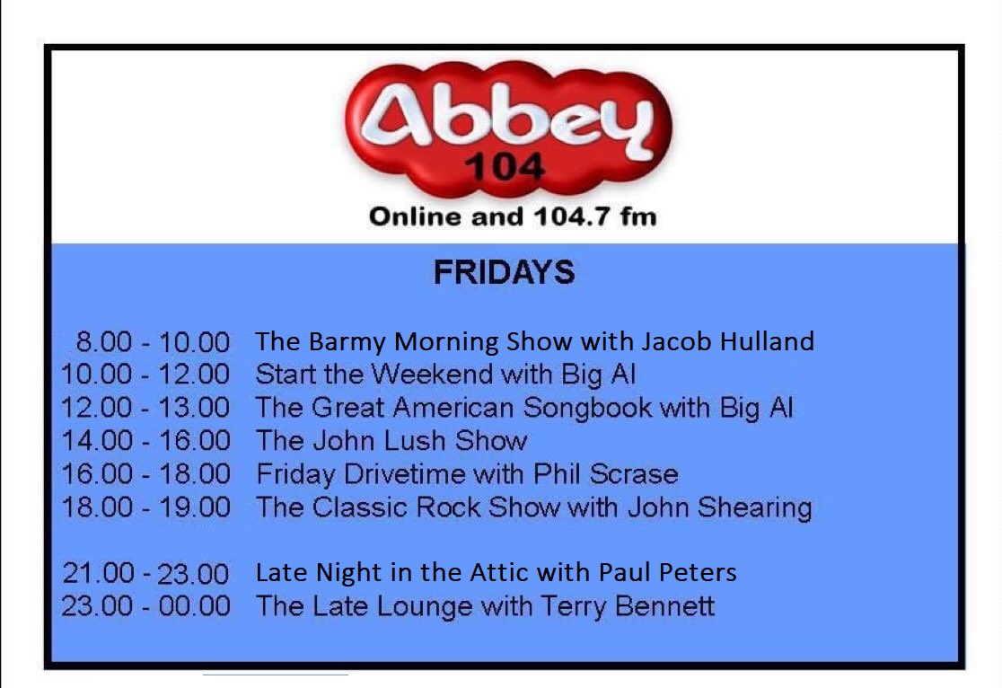 We have a packed day of Shows here on Abbey104. Join our fabulous Friday team of Volunteer presenters today. Lots of good music, conversation, humour to entertain you. Broadcasting locally &amp; online around the world, every single day of the year.
abbey104.com 👈