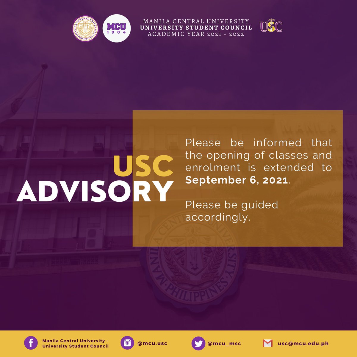 MCU_USC's tweet photo. USC ADVISORY 2021-001
Heads up, Centralinos!
RE: Opening of Classes AY 2021-2022, 1st Semester
Please be guided accordingly!
#USCBreakingBarriers
#OneUSC https://t.co/0zxI8QD2rG
