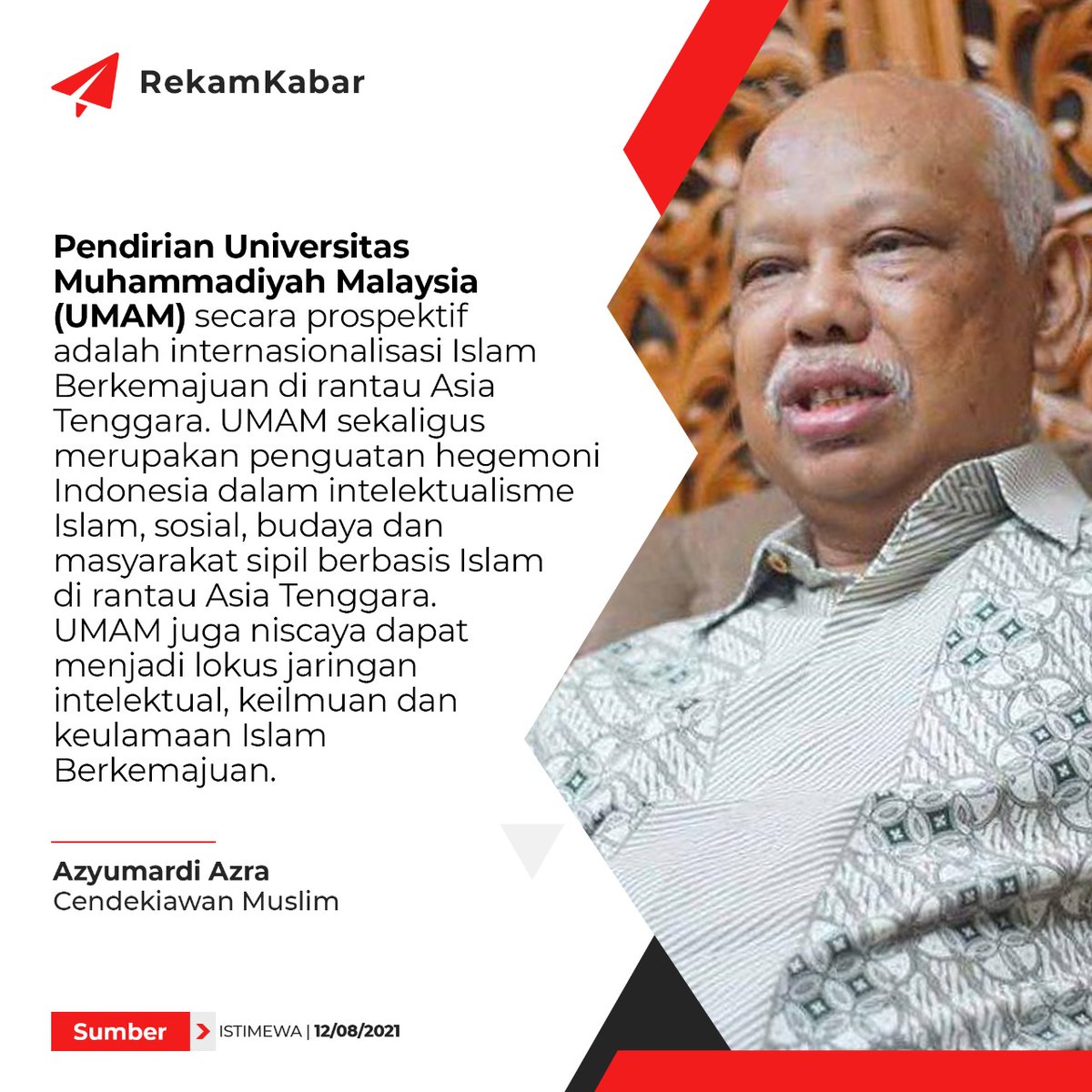 SerambiAzra's tweet photo. Selamat pendirian Universitas Muhammadiyah Malaysia (UMAM)  sekaligus merupakan penguatan hegemoni Indonesia dalam  intelektualisme Islam, sosial, budaya dan masyarakat sipil berbasis Islam di rantau Asia Tenggara. Lokus jaringan intelektual, keilmuan&amp;keulamaan Islam Berkemajuan https://t.co/2mzE29LBqS