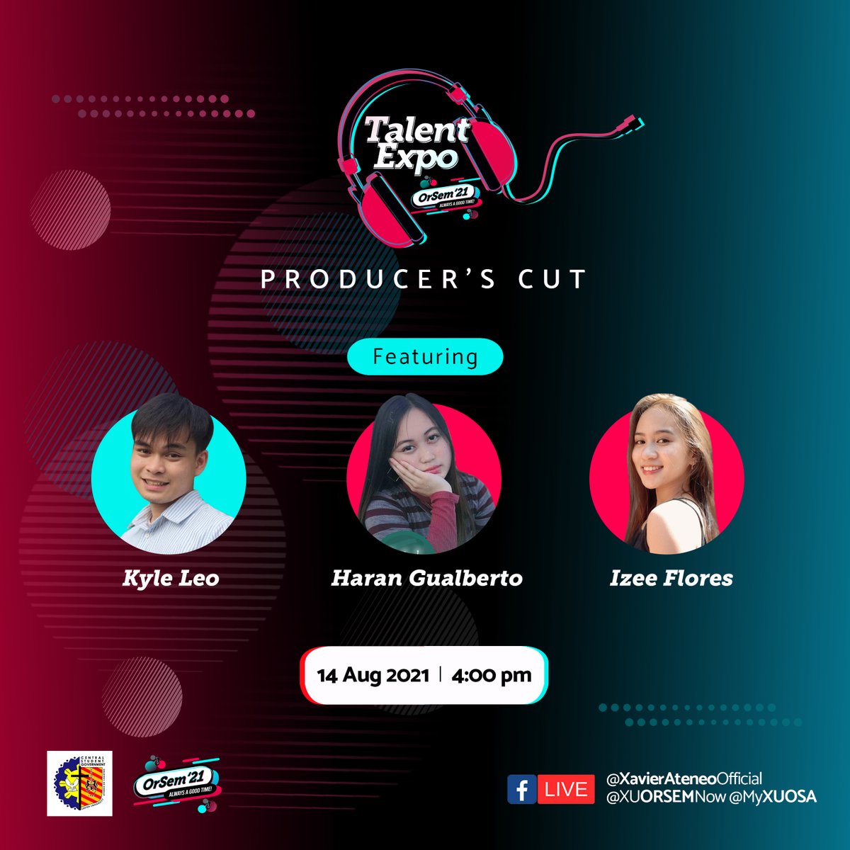 XUORSEMNow's tweet photo. Our performers are back for more inspiration and “feel-good” vibe this season. 
Always A Good Time! ORSEM 2021 Talent Expo (Producer’s Cut)
Streaming this 14 August 2021 at 5:00 PM. 
Featuring: Kyle Leo, Haran Gualberto, Izee Flores and more! 
#ORSEMAlwaysAGoodTime #XavierAteneo https://t.co/T97ihkUlI4