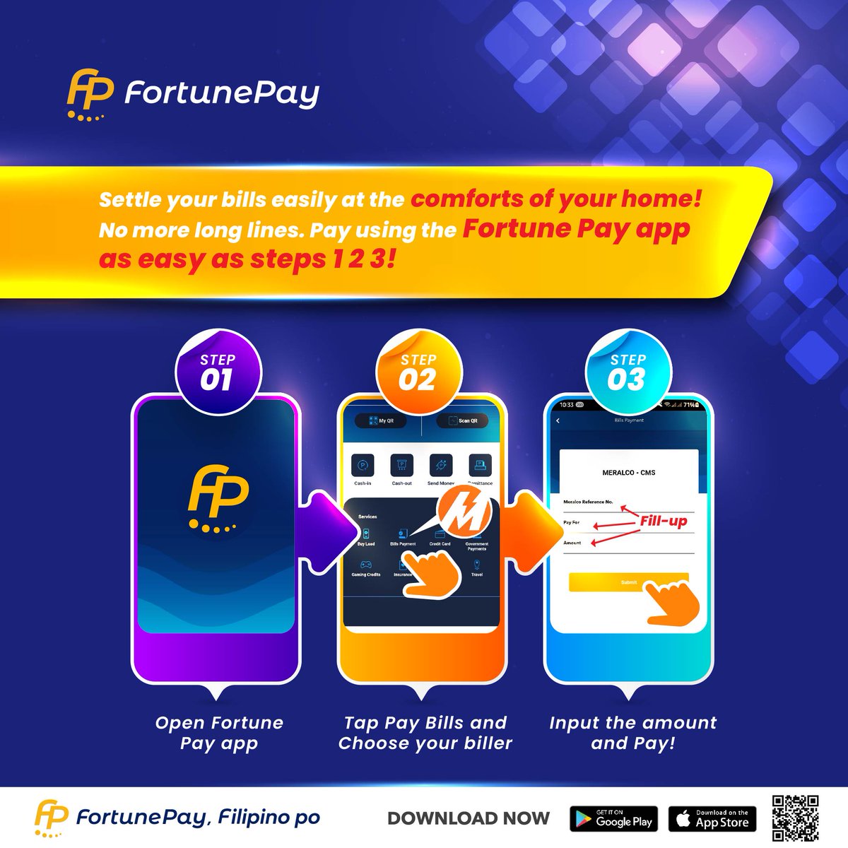 FortunePayPH's tweet photo. In this unprecedented time, our priority is your safety. Stay at home and settle your bills contactless with Fortune Pay! ๐
Download the app now.
Play Store: https://t.co/uPiq67IAsk
App Store: https://t.co/ZoQ3kwy9zz
#BeFortuneFriendly #FortunePay https://t.co/kv1q6XJvMb