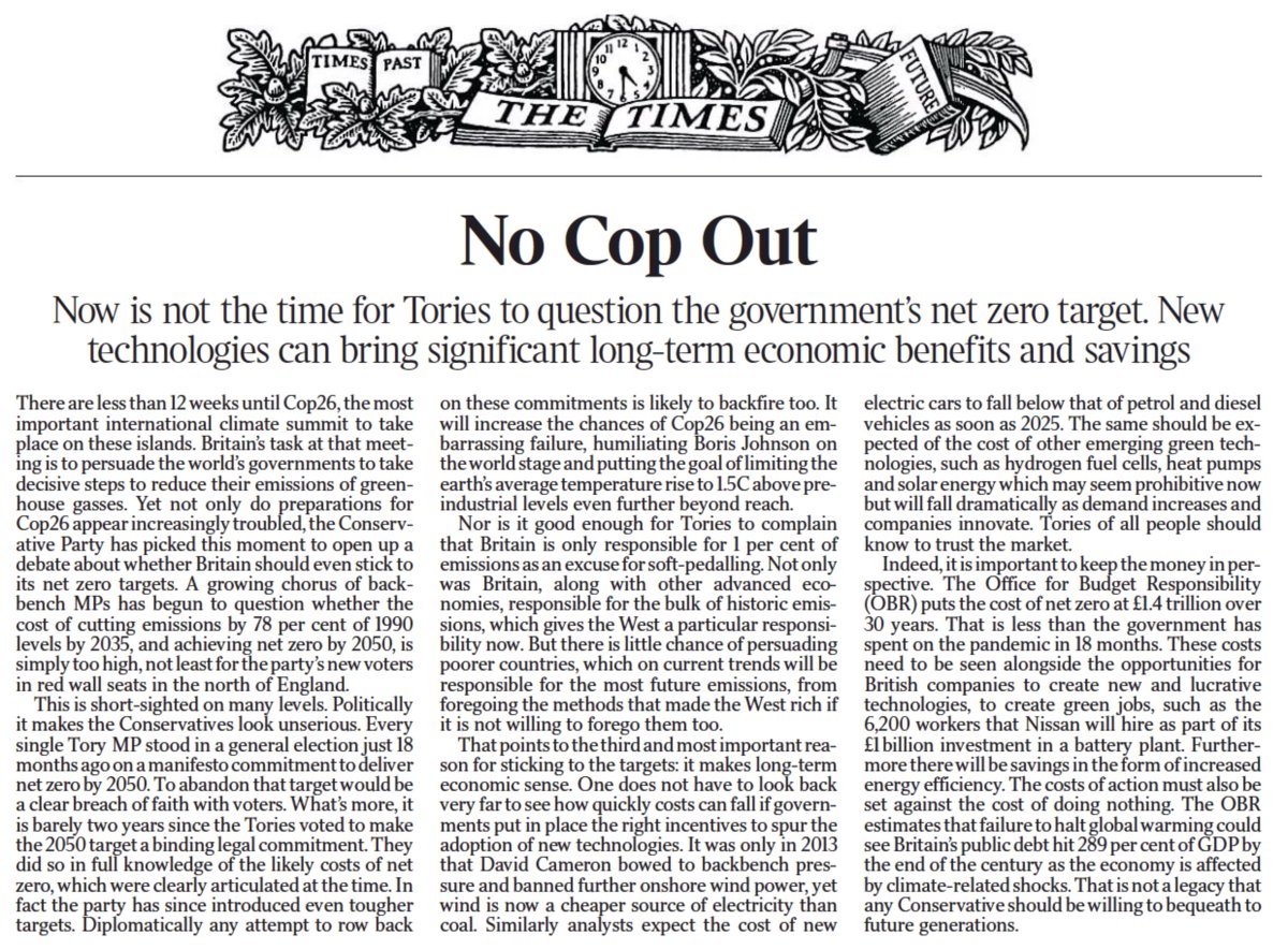 LeoHickman's tweet photo. A must-read editorial in today's Times:
"Every single Tory MP stood in a general election just 18 months ago on a manifesto commitment to deliver net zero by 2050. To abandon that target would be a clear breach of faith with voters."
https://t.co/qdsKaZMIEE https://t.co/XQ3cnAxS07