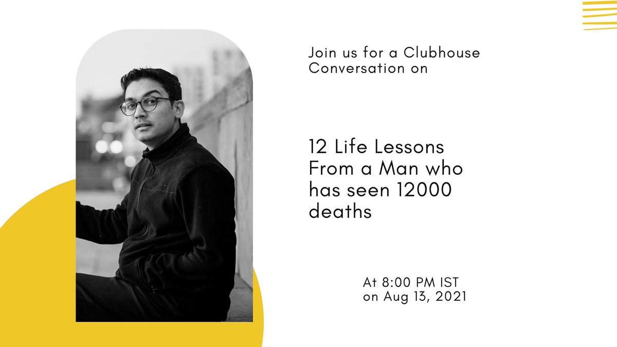 Project_Fuel's tweet photo. Join ProjectFUEL with @deepakramola on clubhouse TODAY, Friday, 13 Aug, as we host our first-ever Clubhouse conversation.
TIME: 8 PM
TOPIC: 12 life lessons from a man who has seen 12000 deaths
Visit https://t.co/mUsKjSaSN7
#ProjectFUEL #clubhouse #joinclubhouse #clubhouseapp https://t.co/NCXkqmJcnd