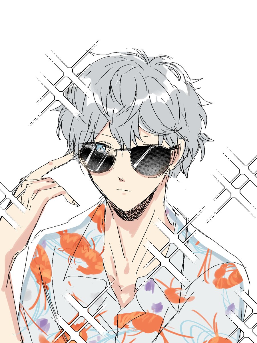 1boy male focus sunglasses hawaiian shirt solo grey hair shirt  illustration images