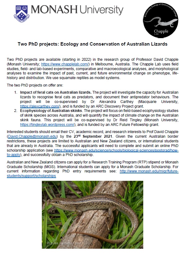 We are looking for 2 new PhD students to work on the Ecology and Conservation of Australian Lizards. The projects will investigate the impact of feral cats on Australian lizards, or the ecophysiology of Australian skinks. Email me for further details: David.Chapple@monash.edu