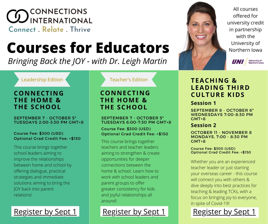 Check out these 5-week courses aiming to bring the JOY back into teaching and leading - in spite of Covid! Need license renewal credit? Earn 1 credit per course through the University of Northern Iowa. Register at forms.gle/MqSirbirM5XBzU… #ConnectionsInternational #UNIEdLead
