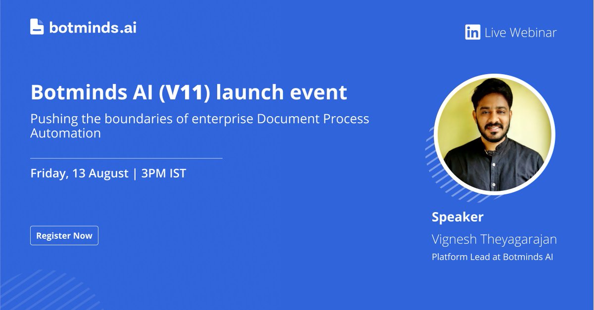 BotmindsAI's tweet image. Meet the Speaker: Vignesh leads the platform team at Botminds AI and is also one of the core founding members. Register now to watch us live:  lnkd.in/dNPEgUc4 

#event #AI #documentunderstanding #ML #RPA #Automation #machinelearning #digitaltransformation #webinars #IDP