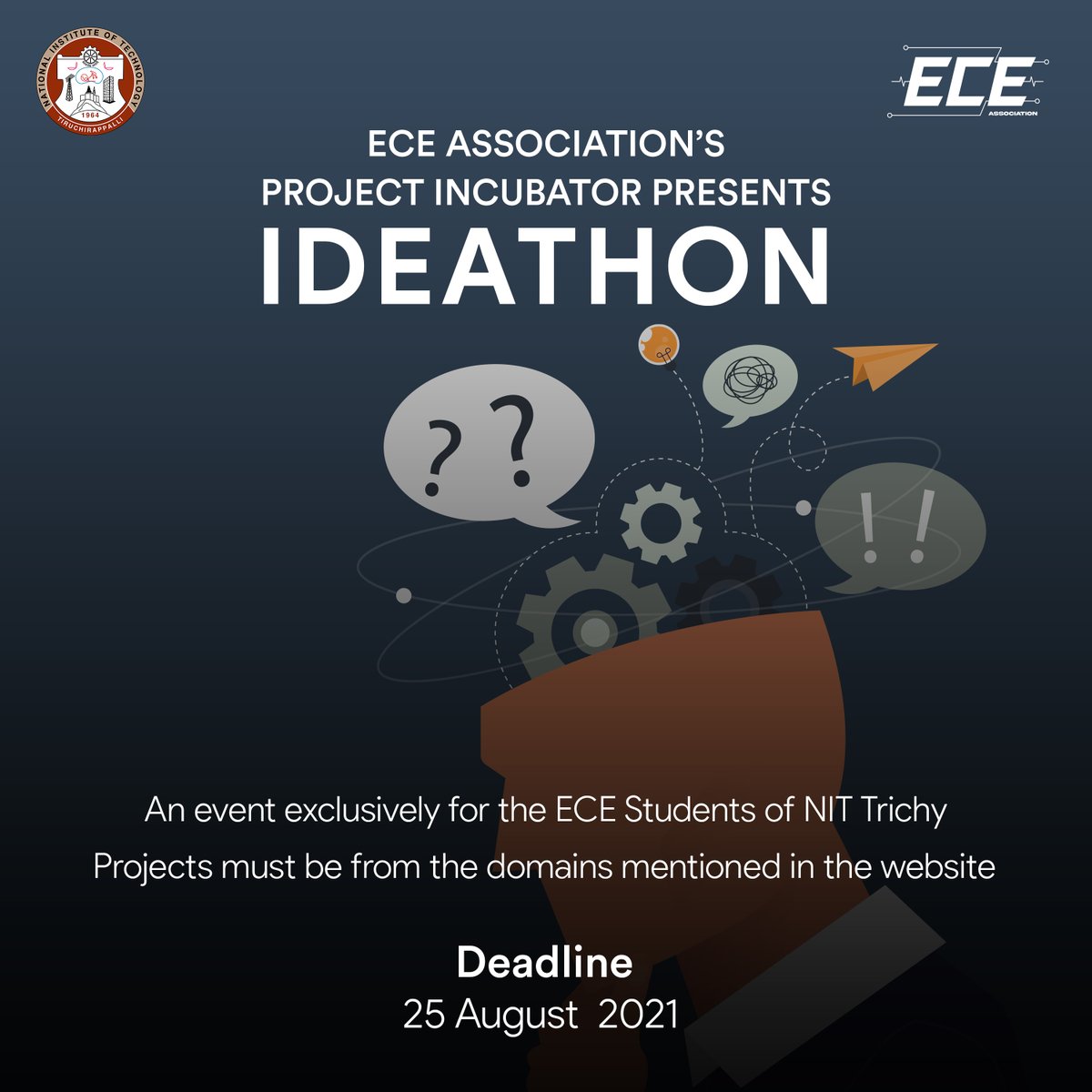 probe_nitt's tweet image. We are happy to introduce Project Incubator, a platform developed for the students with innovative project ideas. 
The first event, Ideathon is exclusively for the students of the ECE Department, NIT Trichy. 
Website: ideathon.probe.org.in
#Ideathon #ProjectIncubator #ecea