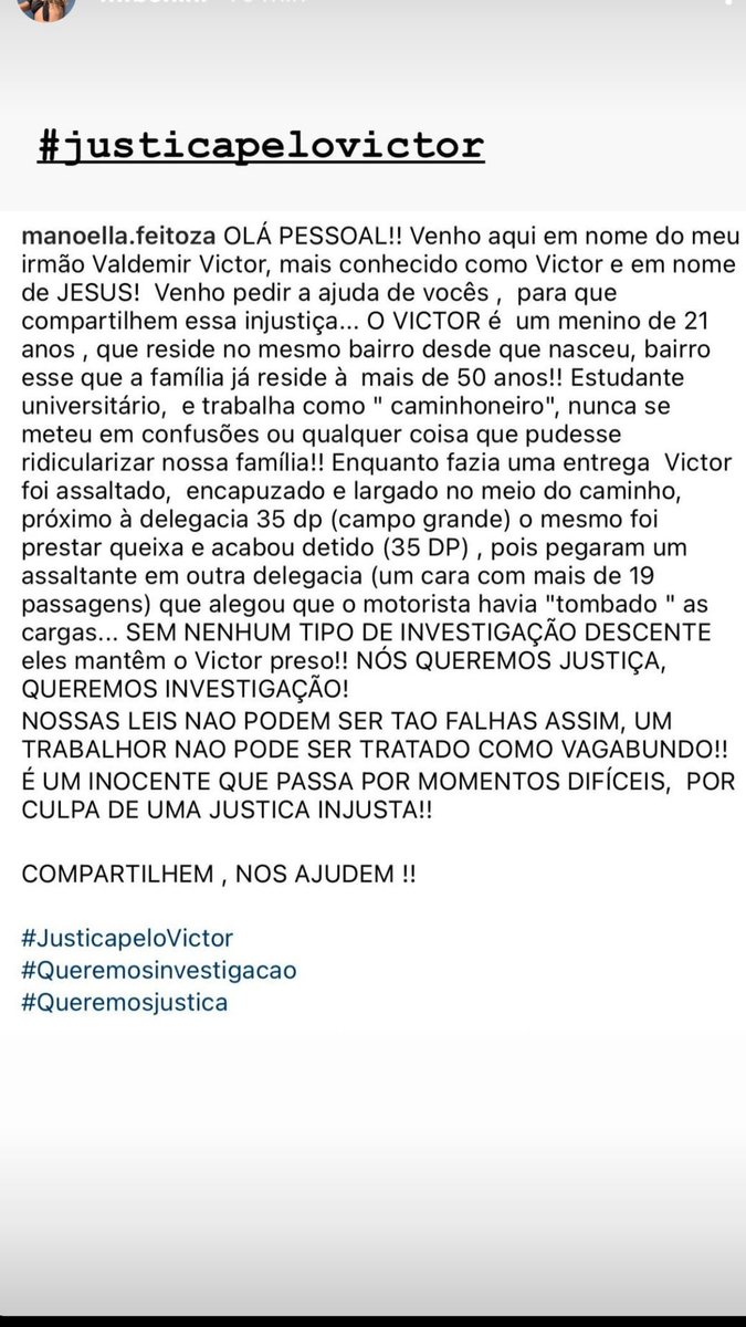 Manubzzz's tweet photo. Revoltante a injustiça que está acontecendo com o meu irmão
@diegohaidar @ladygross 
#justicapelovictor https://t.co/nPgshEnNe2