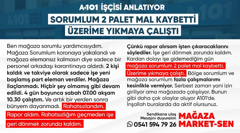 🗣"Sorumlum 2 palet mal kaybetti üzerime yıkmaya çalıştı."

A101 işçisi anlatıyor. Sen de sendikana ulaş mesajını duyuralım.👇
magazamarketsen.net/iletisim/