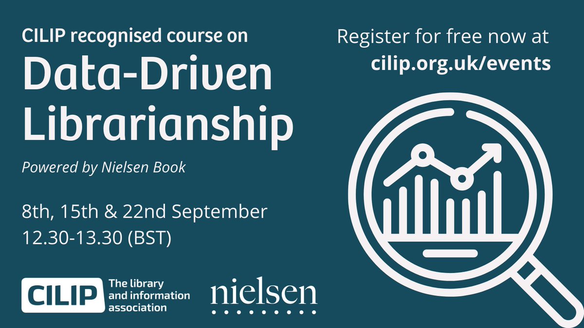 Become a data-driven librarian! Join the experts at <a href="/NielsenBook/">Nielsen BookData</a> in this free CILIP-recognised series to discover tools to better understand your users and inform your decision making on buying &amp; stock selection in 3 lunchtime webinars on 8, 15 &amp; 22 Sept. cilip.org.uk/events/EventDe…