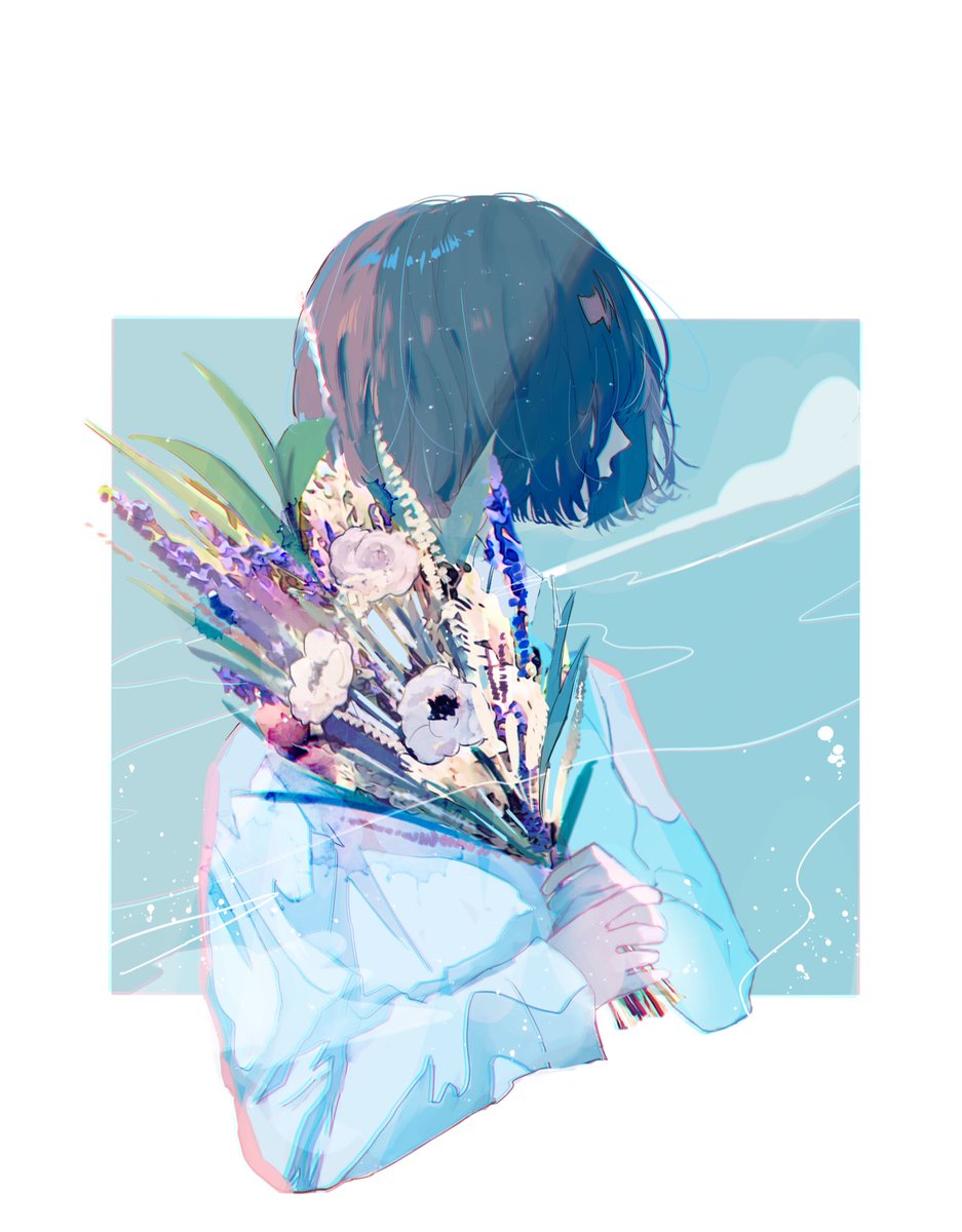 1girl solo flower holding white shirt short hair shirt  illustration images