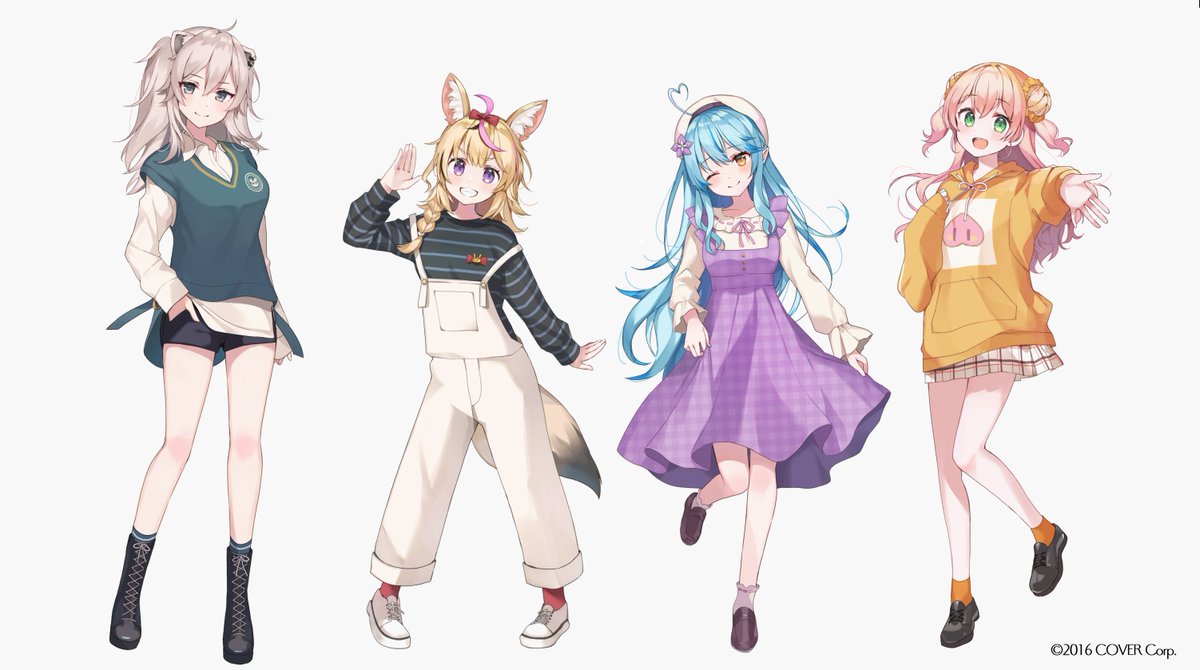 momosuzu nene ,omaru polka ,shishiro botan ,yukihana lamy 4girls multiple girls heart ahoge animal ears blue hair one eye closed fox ears  illustration images