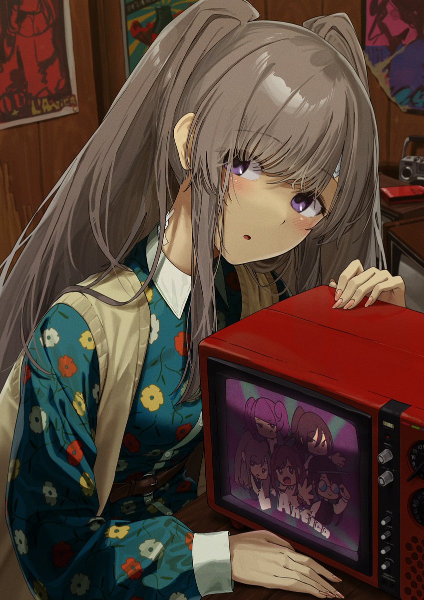 yukoku kiriko 1girl purple eyes twintails solo looking at viewer grey hair long hair  illustration images