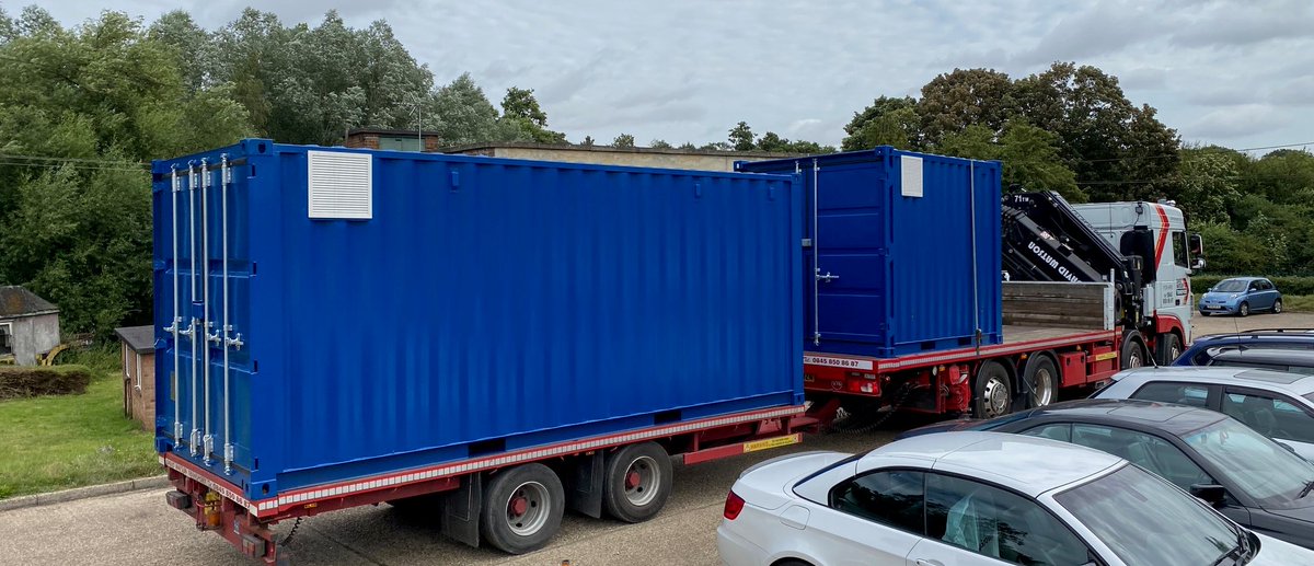 ModularTudor's tweet image. Modified containers en route to their new home. Fitted with large extractor fans, ply lined and insulated. ( yes we can still get containers and plywood !) #ukbuziness