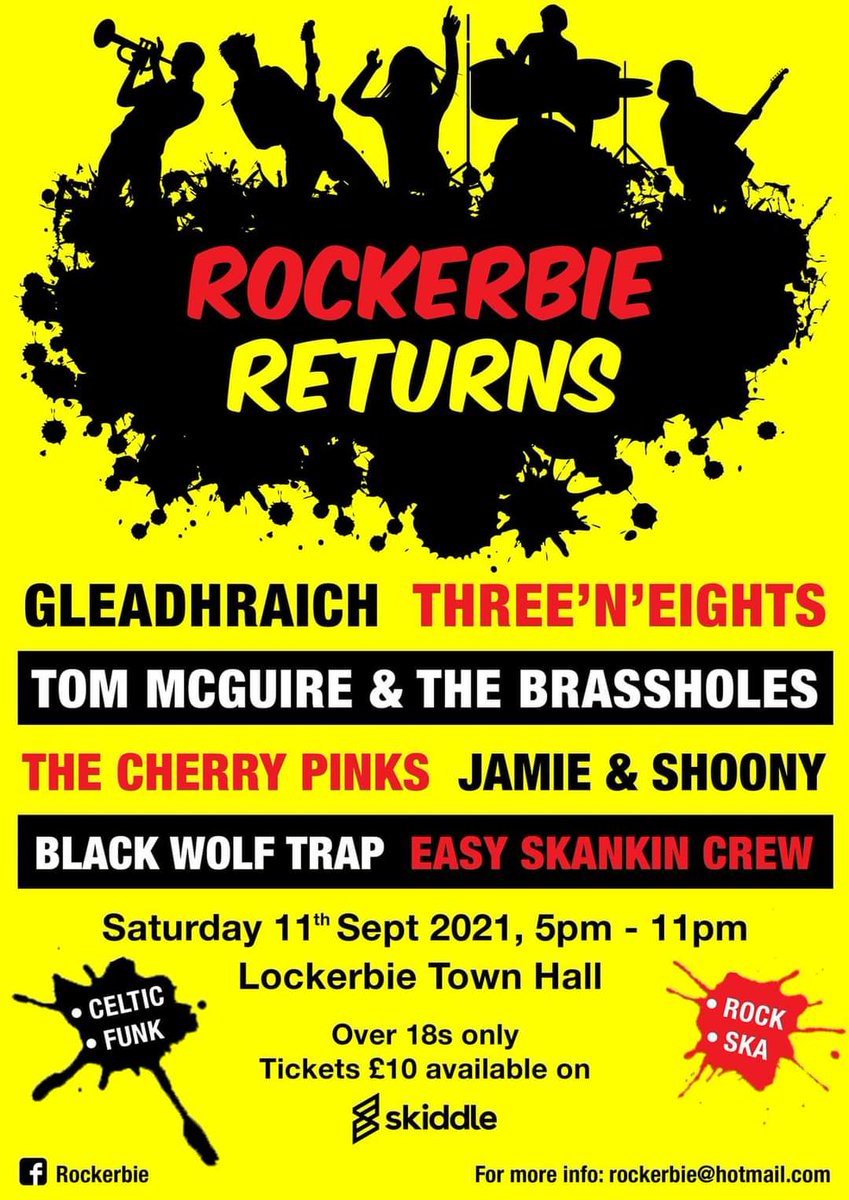 Rockerbiefest's tweet photo. WE'RE BACK!

Rockerbie returns on the 11th of September with 6 bands. With a diverse mix of funk, rock, celtic and ska music this is sure to be a cracking night! Tickets available at the link below.
https://t.co/RHeCiRIIHU https://t.co/ExEJP4Jlq7