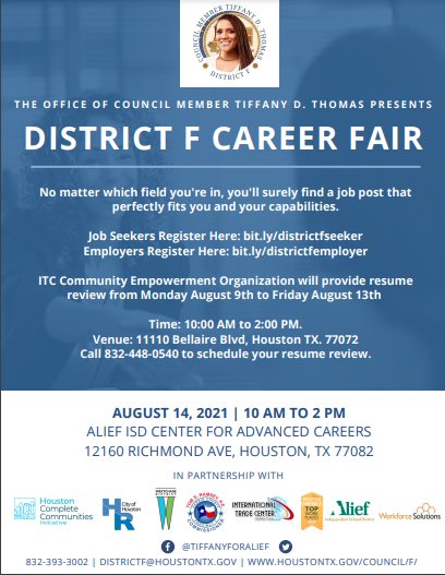 HolubMiddle's tweet photo. Holub families, if you are seeking employment, come out to the District F Career Fair on Saturday, August 14th!  See the flyers for more details. https://t.co/QFQ7reujPY