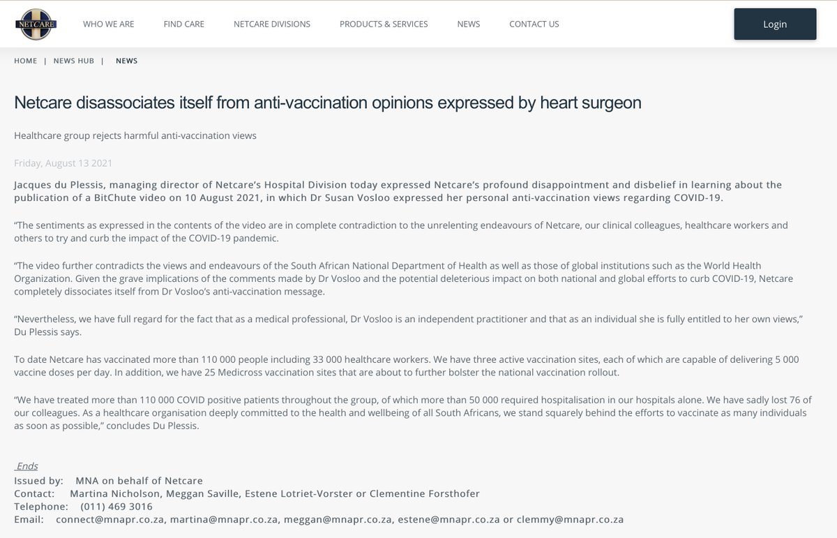 Strong statement from @Netcare dissociating itself from the anti-vaccination statements made by a prominent health care professional working at #ChrisBarnardHospital 👋 netcare.co.za/News-Hub/Artic…