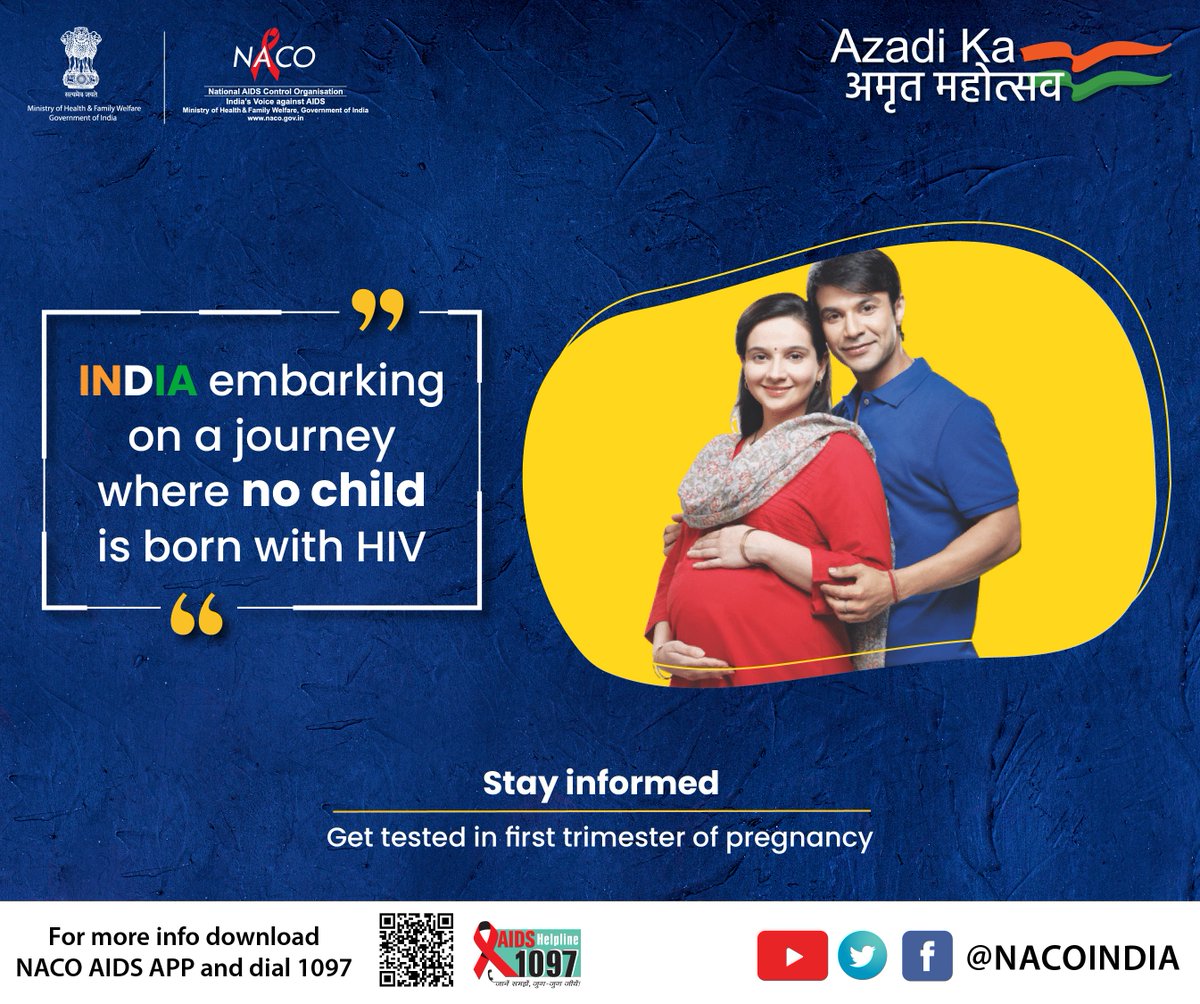 NACOINDIA's tweet photo. #NewIndia@75, an India where no child is born with HIV. Strengthening #EMTCT facilities.
Get tested for HIV in first trimester of pregnancy.
To know more about HIV, call national tollfree Helpline 1097 #AzadiKaAmritMahotsav
@mansukhmandviya @aloksaxena02 @drngoel @MoHFW_INDIA https://t.co/s8vska7rIc